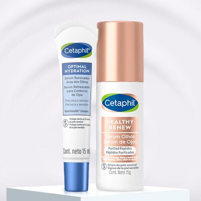 Embalagens de sérum renovador área dos olhos Cetaphil Optimal Hydration e sérum olhos Cetaphil Healthy Renew, que podem ser usados como um hidratante para olheiras. 