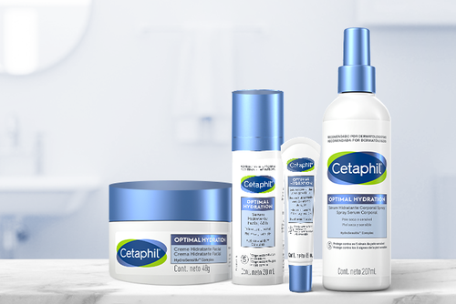 Produtos da linha Cetaphil Optimal Hydration com ácido hialurônico: creme noturno, sérum facial, sérum para olhos e spray hidratante corporal.  