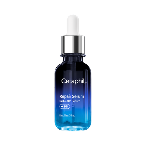 Imagem do novo Cetaphil Repair Serum com Gallic-AOX Power&trade;, destacando um frasco conta-gotas azul-marinho. Este s&eacute;rum facial noturno de 30ml &eacute; recomendado por dermatologistas para pele sens&iacute;vel, focando em reparar a barreira cut&acirc;nea, preencher, uniformizar visivelmente o tom da pele e restaurar sinais de dano em apenas uma noite.