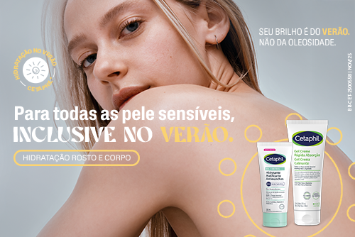 Apresentando sobre um fundo cinza claro o rosto em close de uma mulher jovem de pele clara ao lado de dois produtos em destaque: o Hidratante Matificante Antimanchas e o Gel Creme de R&aacute;pida Absor&ccedil;&atilde;o, ambos cercados por an&eacute;is gr&aacute;ficos amarelos. A composi&ccedil;&atilde;o equilibra a imagem &agrave; direita com textos impactantes em branco e amarelo &agrave; esquerda, destacando a frase principal "Para todas as peles sens&iacute;veis, INCLUSIVE NO VER&Atilde;O" e o slogan no topo direito "Seu brilho &eacute; do VER&Atilde;O, n&atilde;o da oleosidade", al&eacute;m de um selo circular com um sol e a indica&ccedil;&atilde;o de hidrata&ccedil;&atilde;o para rosto e corpo.