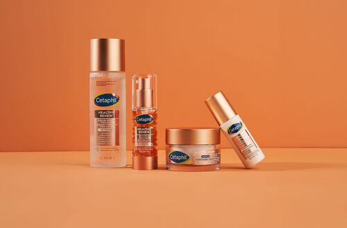 Produtos da linha Cetaphil Healthy Renew: solução micelar, sérum facial, creme noturno e sérum para olhos.