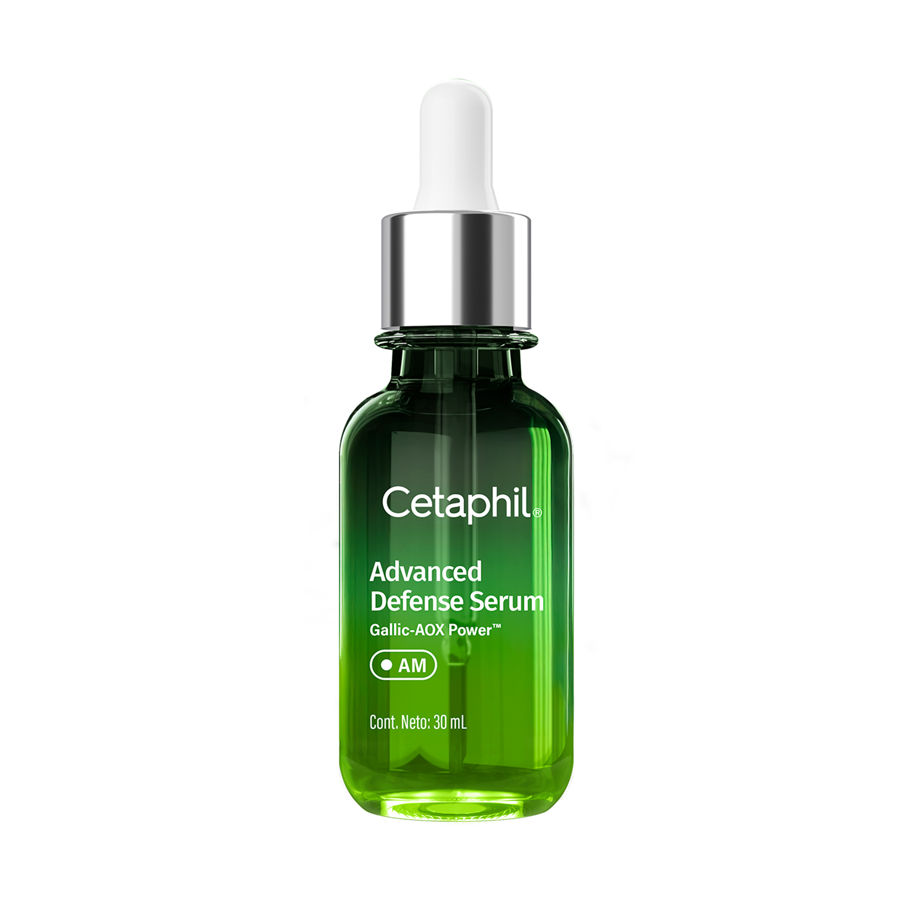 Frasco verde de Cetaphil Advanced Defense Serum AM (30ml). Serum diurno para a defesa da pele, alinhado ao ciclo circadiano da pele, oferecendo prote&ccedil;&atilde;o antioxidante e auxiliando na compreens&atilde;o do que &eacute; ciclo circadiano