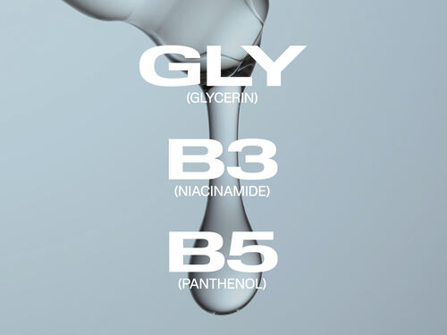Ilustra&ccedil;&atilde;o: Glicerina, Niacinamida (Vit. B3) e Pantenol (Pr&oacute;-Vit. B5).