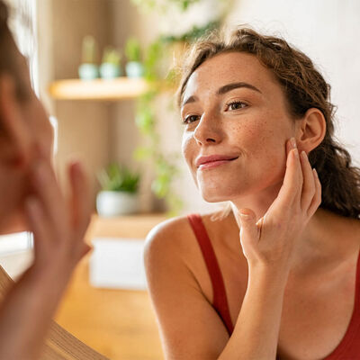 Mulher branca sorrindo enquanto olha seu rosto no espelho.