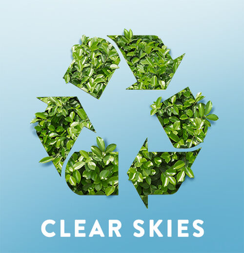 Logo de reciclagem com o nome da campanha "Clear Skies"