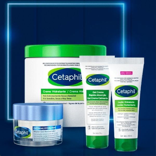 Embalagens dos produtos creme hidratante Cetaphil, water gel Cetaphil Optimal Hydration, gel creme rápida absorção Cetaphil e loção hidratante Cetaphil.