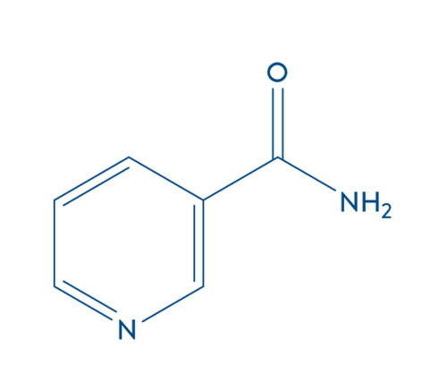 Estrutura da niacinamida, forma ativa da vitamina B3.